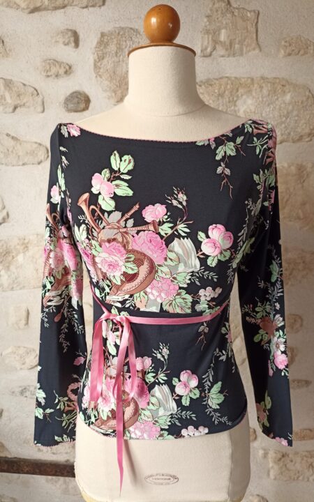 Blumarine Floral Stretch Top with Ribbon