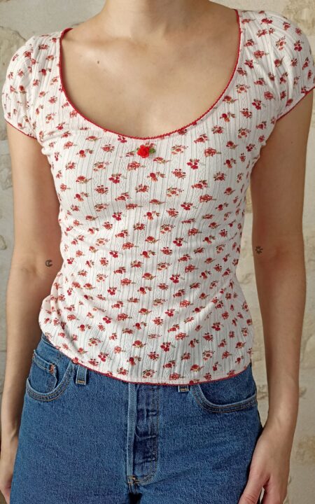 Floral Red Ribbed T-Shirt