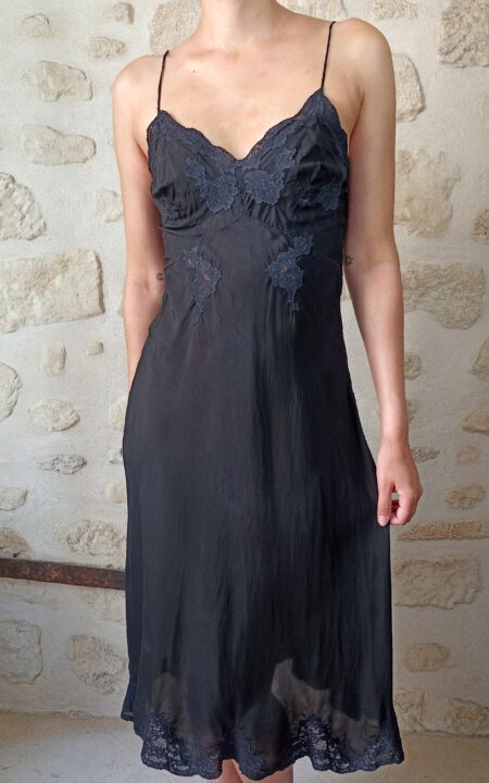 Vintage Black Silk Slip Dress with Lace