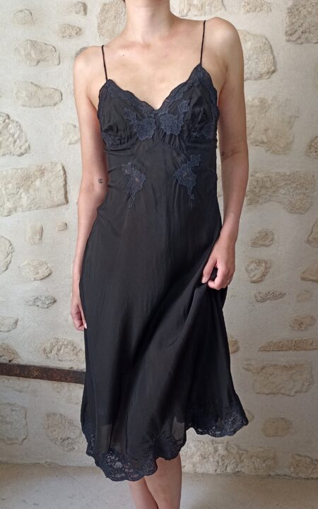 Vintage Black Silk Slip Dress with Lace