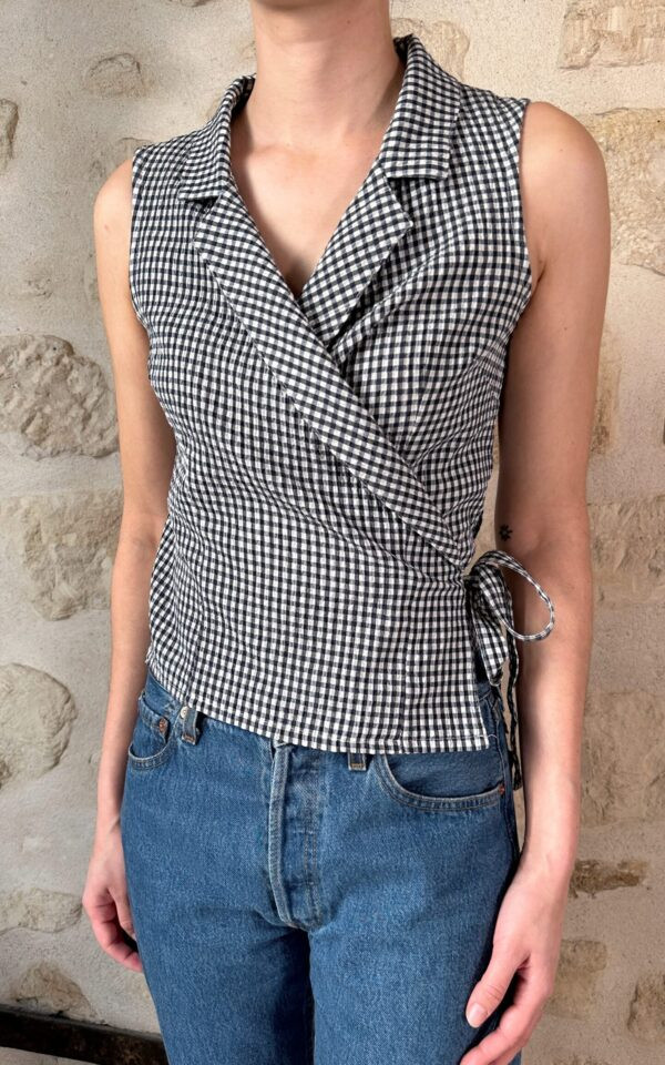 Sleeveless Gingham Wrap Top