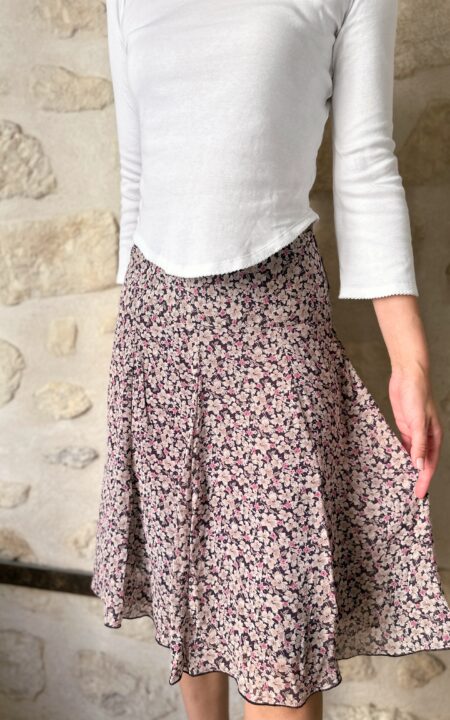 French Floral Silk Midi Skirt