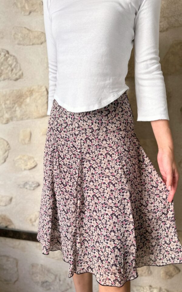French Floral Silk Midi Skirt