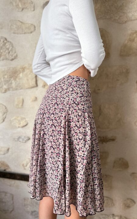 French Floral Silk Midi Skirt