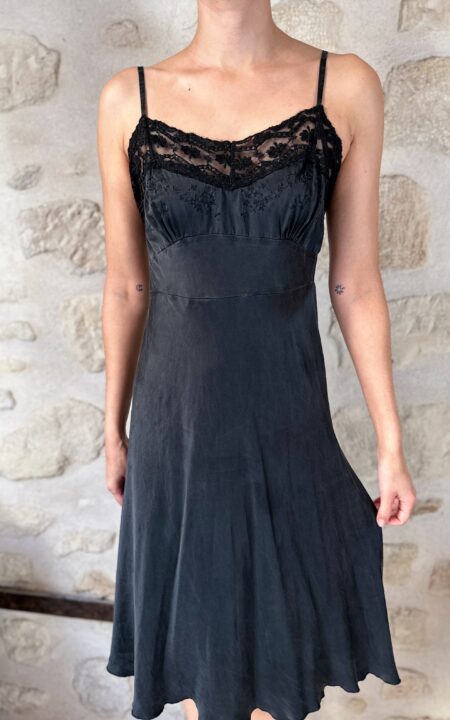 Little Black Silk Dress with Lace Trim