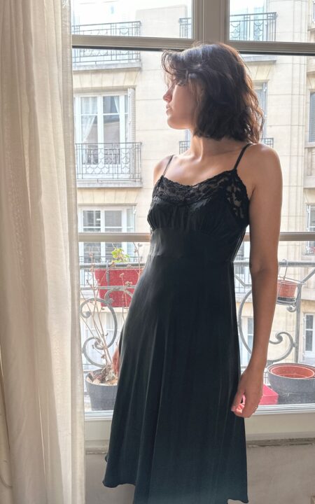Little Black Silk Dress with Lace Trim