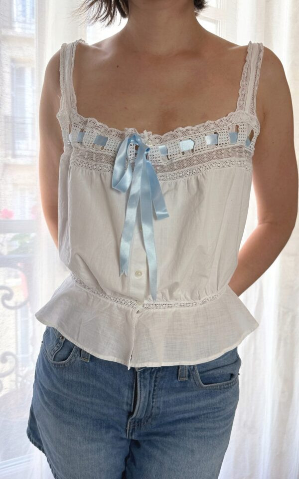 Vintage Corset Cover With Blue Ribbon